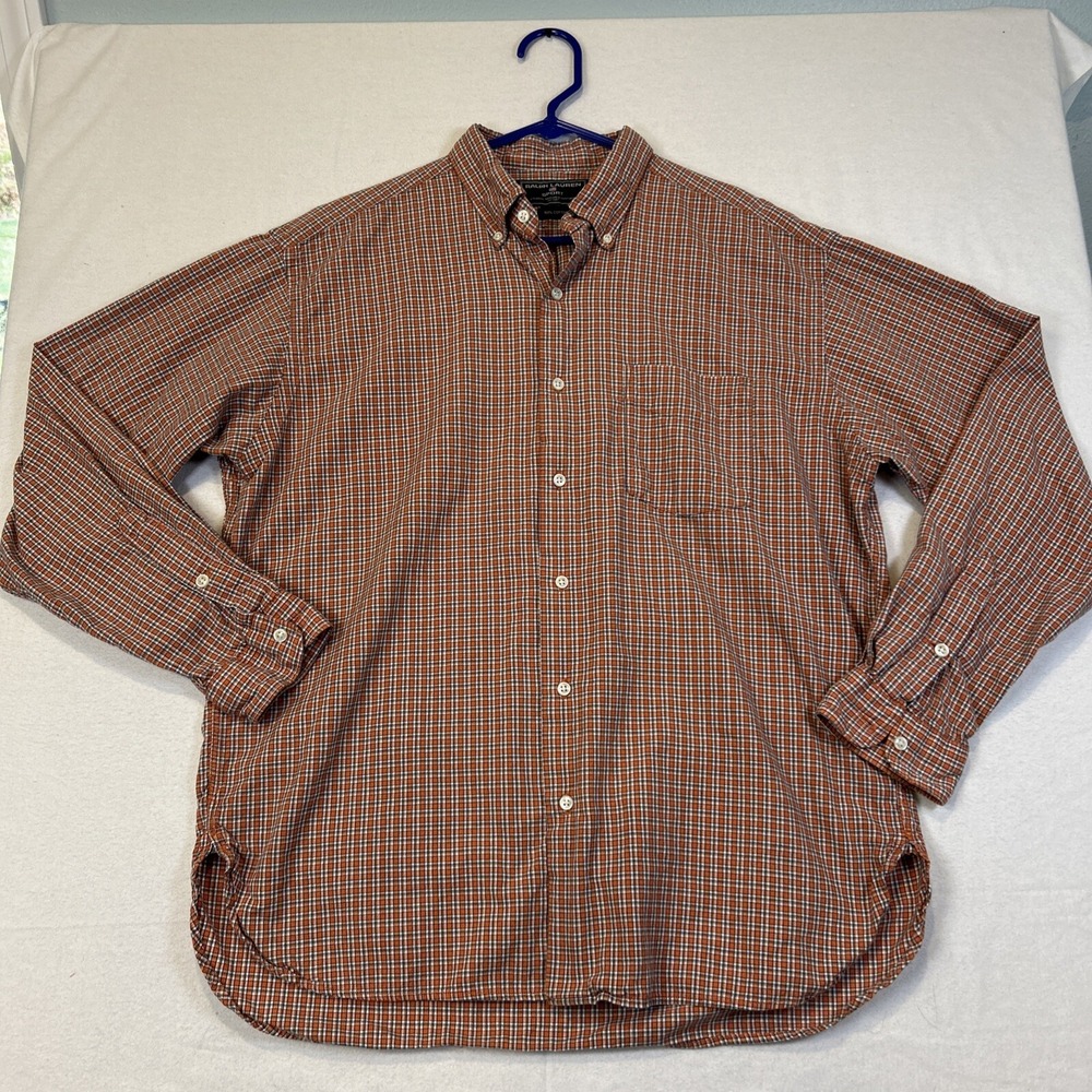 Ralph Lauren Sport Mens Long Sleeve Shirt Button Down Size Large Orange Plaid